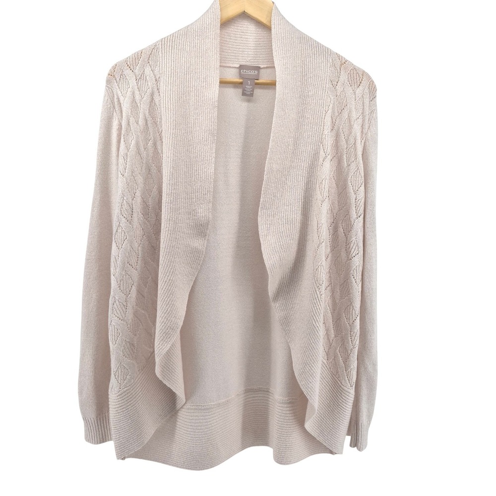Chicos Open Front Cardigan Sweater Pearl Pink Metallic Diamond Knit‎ Size 1